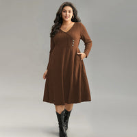 Plus Size Women Simple V Neck Dress Autumn Winter All Match Office Wind Dress