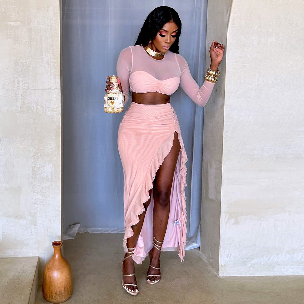 Women Clothing Hollow Out Cutout out Cropped Mesh See through Double Layer Lining Covering Long Sleeve Dress Two Piece Set