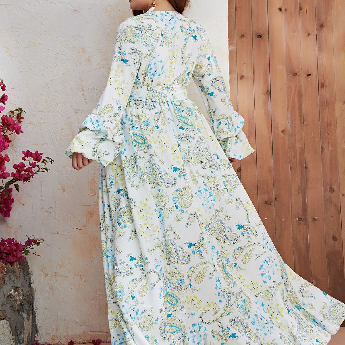 Plus Size Maxi Dress Women Chiffon V Neck Long Sleeve Dress Split Print Casual Maxi Dress