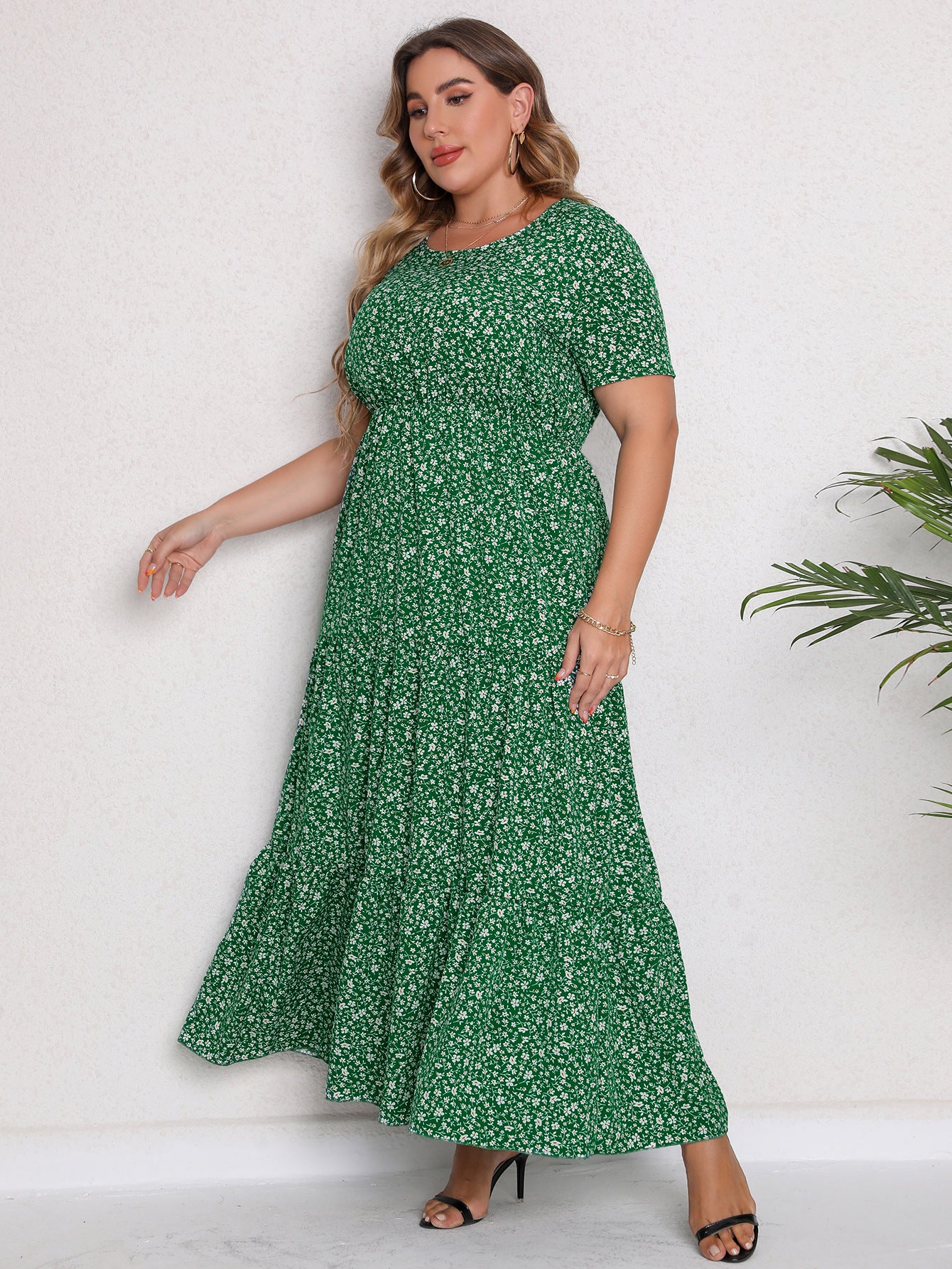 Plus Size Women Clothing Summer Short Sleeve round Neck Dress Maxi Dress