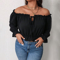 Plus Size Women High Cold Adult Lady like Woman T shirt Autumn Winter Boat Collar off Shoulder Slim Fit Crop Top