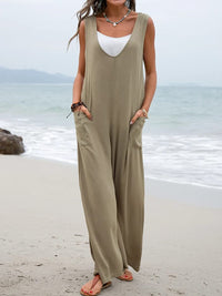 Summer Popular Solid Color Stickers Bags Jumpsuit V neck Suspender Pants Wide Leg Trousers for Women