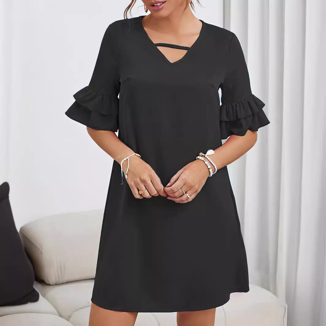 Spring Summer Mid Length plus Size Bell Sleeve Dress Women Clothing