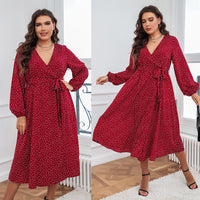 Plus Size Swing Artistic Red Dress Cotton Office Polka Dot Long Sleeve Women Clothing