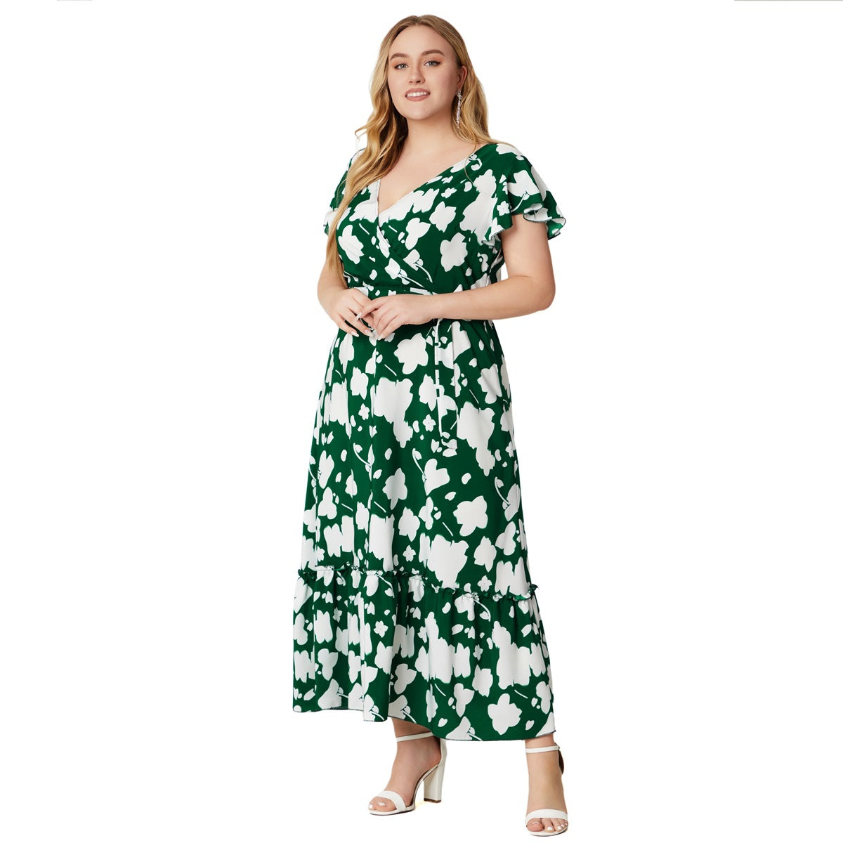 Plus Size Women Clothes V neck Printed Dress