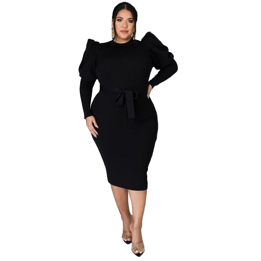 Plus Size Women Clothing Long Sleeve Belt Slim Fit Dress
