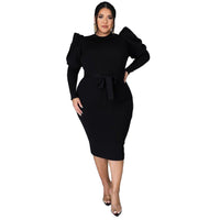 Plus Size Women Clothing Long Sleeve Belt Slim Fit Dress