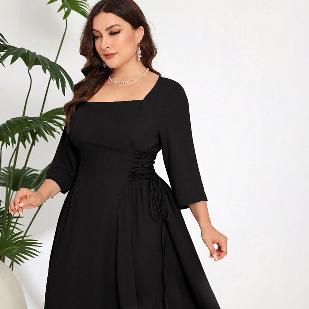 Plus Size Women Elegant Square Collar Dress Autumn Winter High Grade Age Reducing Design Mid Length Dress