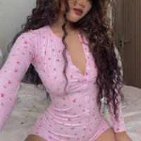 Casual Women Floral V neck Double Breasted Romper Long Sleeve Sexy Slim Homewear Hip Shorts