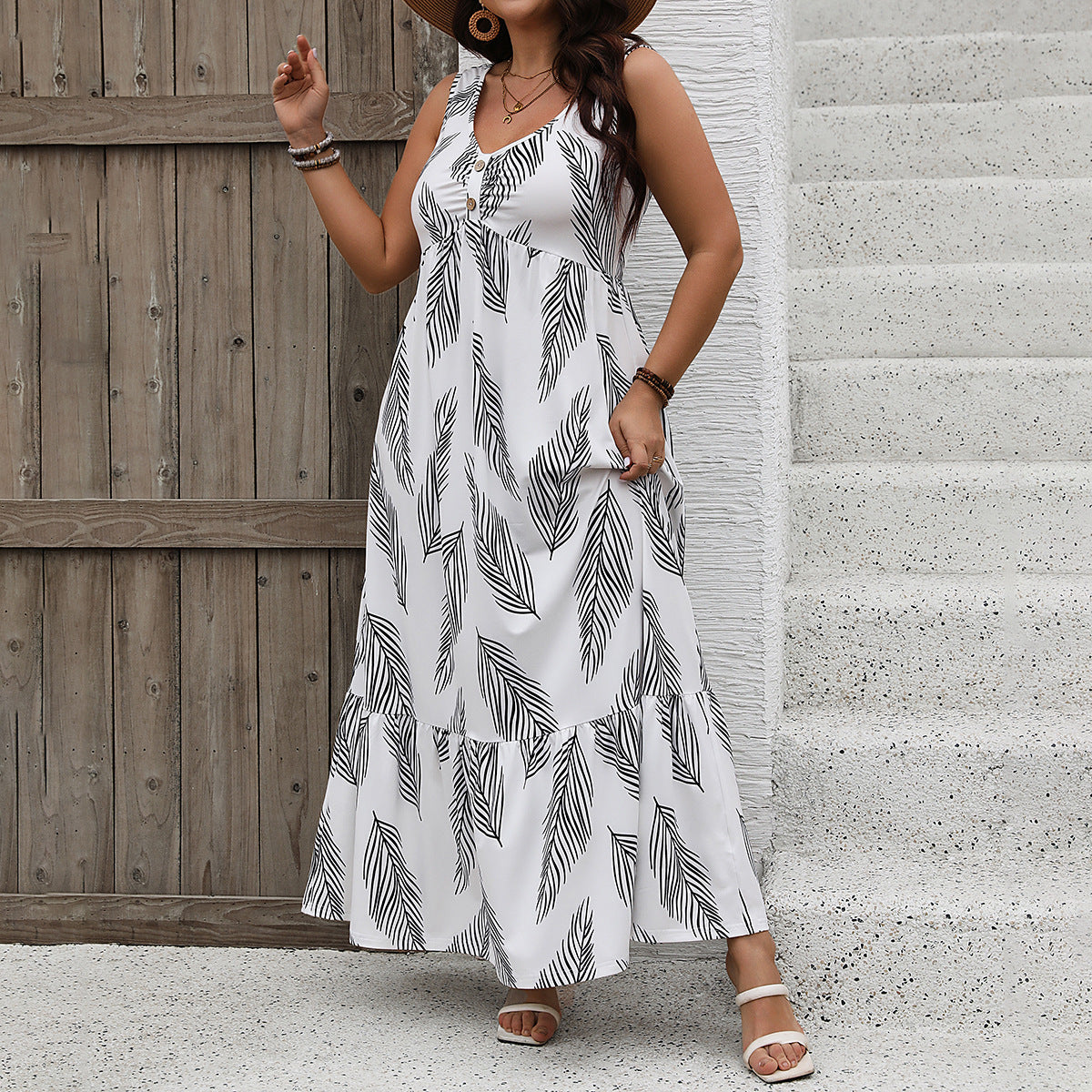 Plus Size Summer Sling Printing Sleeveless Dress Vacation Loose Casual Ladies Dress