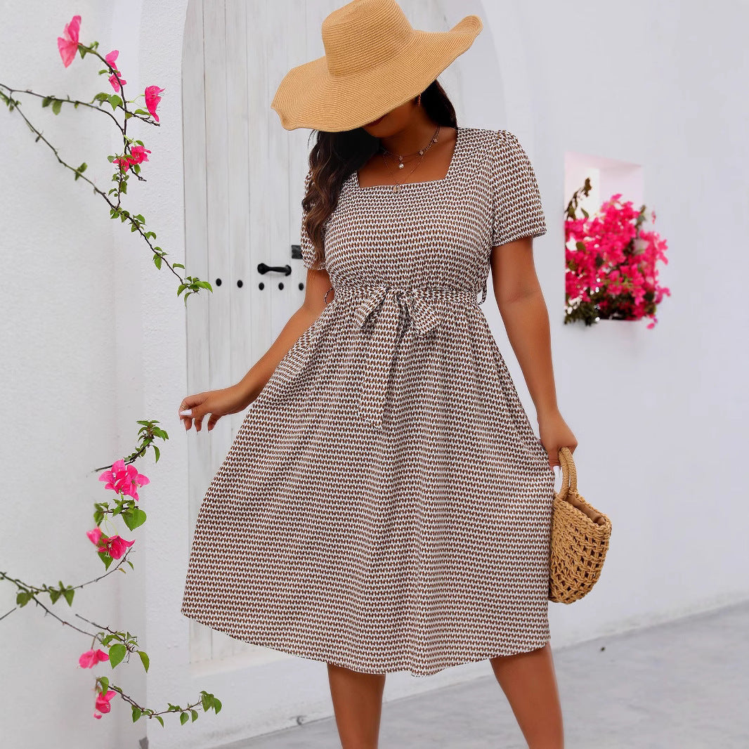 Plus Size Women Clothing Elegant Graceful Square Collar Lace up Small Plaid Large Swing Dress