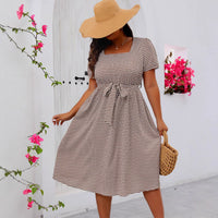 Plus Size Women Clothing Elegant Graceful Square Collar Lace up Small Plaid Large Swing Dress