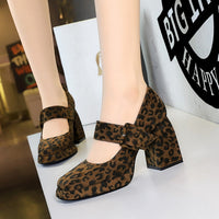 Chunky Heel High Heel Waterproof Platform Suede Leopard Print Shallow Mouth Suede Leopard Print Pumps Women Shoes
