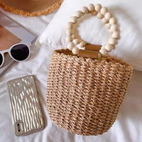 Cute Beaded Portable Straw Weaved Bag Bucket Hand Carrying Straw Bag Woven Bag Vacation Beach Bag Women