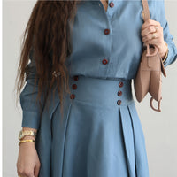 Women Clothing Autumn Linen Solid Color Loose Long Sleeves Skirt Two Piece Set
