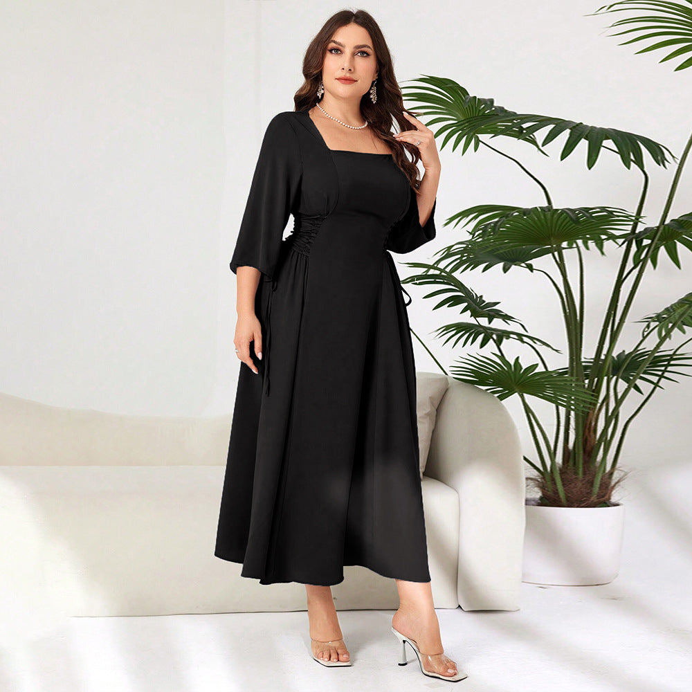 Plus Size Women Elegant Square Collar Dress Autumn Winter High Grade Age Reducing Design Mid Length Dress