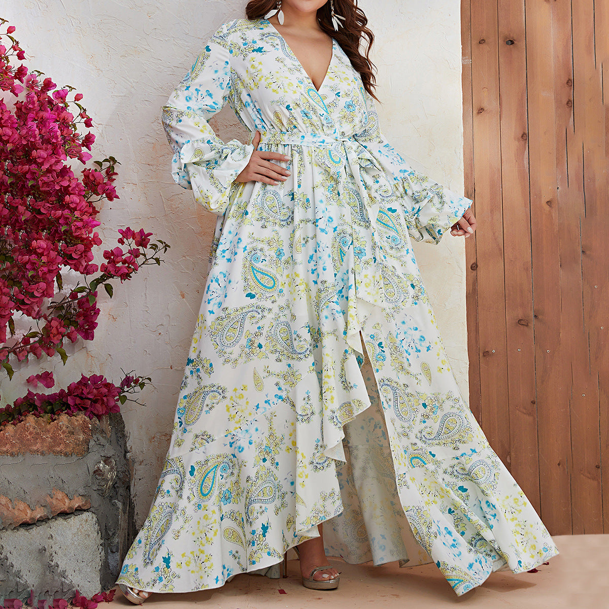Plus Size Maxi Dress Women Chiffon V Neck Long Sleeve Dress Split Print Casual Maxi Dress