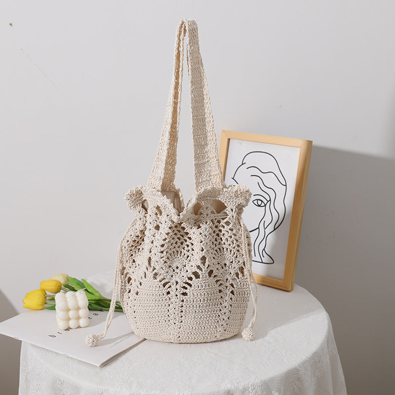 South Korea Cotton Thread Woven Bag Summer One Shoulder Portable Fairy Floral Bucket Straw Bag Vacation Beach Bag