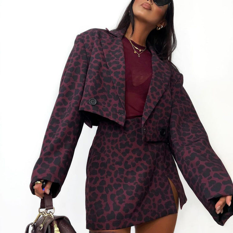 Leopard Print Skirt Set Women Collared Long Sleeve Short Small High Waist Slit Short Skirt Two Piece Sets