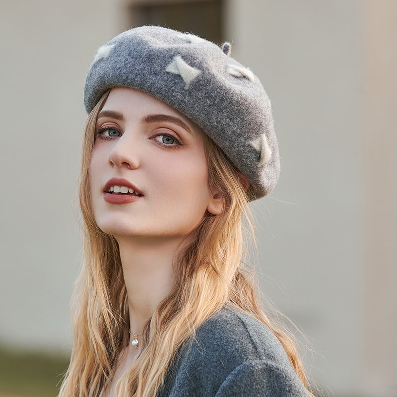 Autumn Winter Gentle Stylish Wool Cap Women Warm Painter Cap Fresh Gray Bow Beret