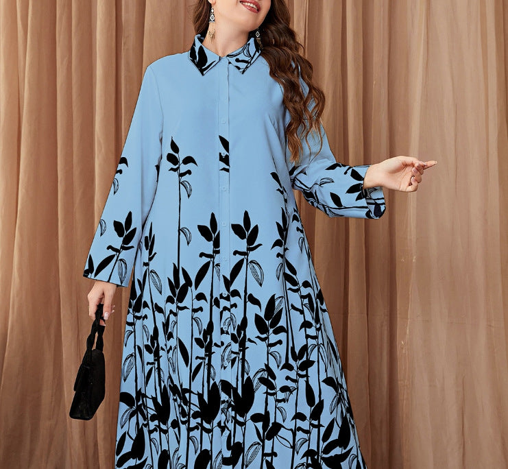 Loose Retro Colorful Shirt Collar Office Literary Floral Printing Dress Shirt Jumpsuit