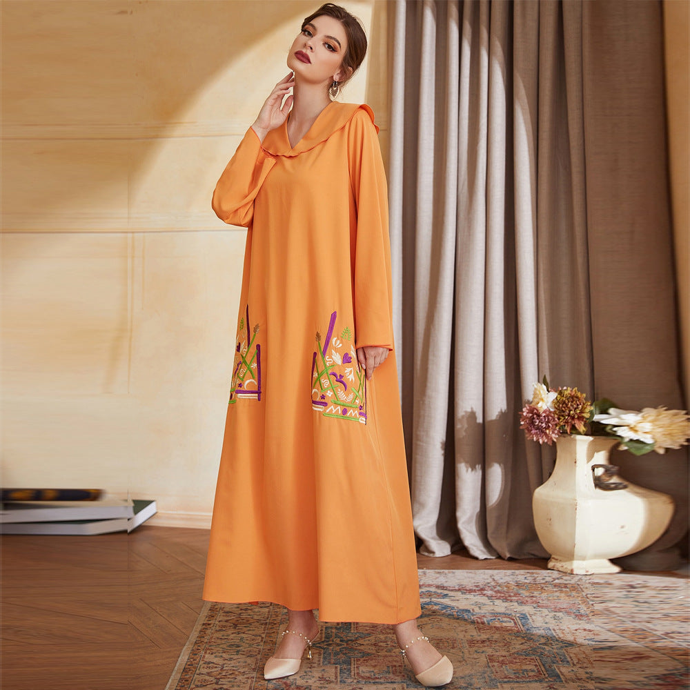 Plus Size Middle East Turn V Neck Embroidery Robe