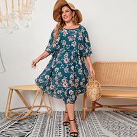 Plus Size Ladies round Neck Ruffled Waist Tight Elegant Big Hem Printed Dress