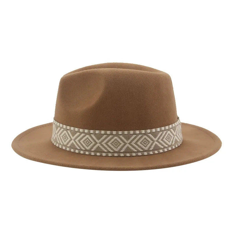 [Minimum order quantity is 2 pieces]Wide Brim Woolen Hat Jazz Flat Brim Woolen Hat Geometric Abstract Square Ribbon Felt Cap Retro Tibetan