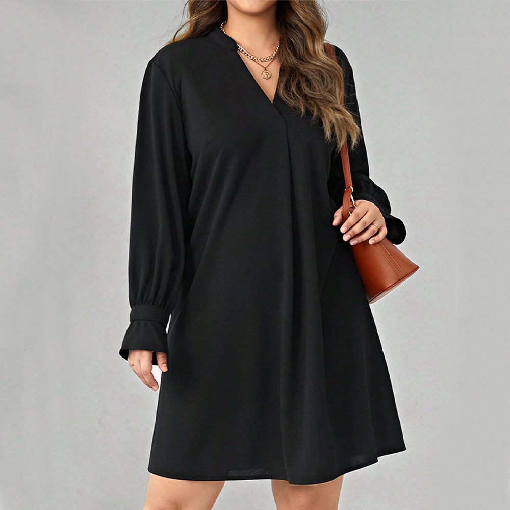 Plus Size Women Clothes Autumn Winter V Neck Solid Color Long Sleeve Loose Casual Dress