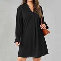 Plus Size Women Clothes Autumn Winter V Neck Solid Color Long Sleeve Loose Casual Dress