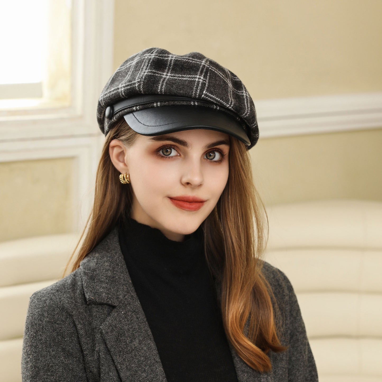 Hat Women Autumn Winter Fine Plaid Leather Brim Beret Retro Face Showing Little Wild Fashionable Octagonal Cap