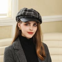 Hat Women Autumn Winter Fine Plaid Leather Brim Beret Retro Face Showing Little Wild Fashionable Octagonal Cap