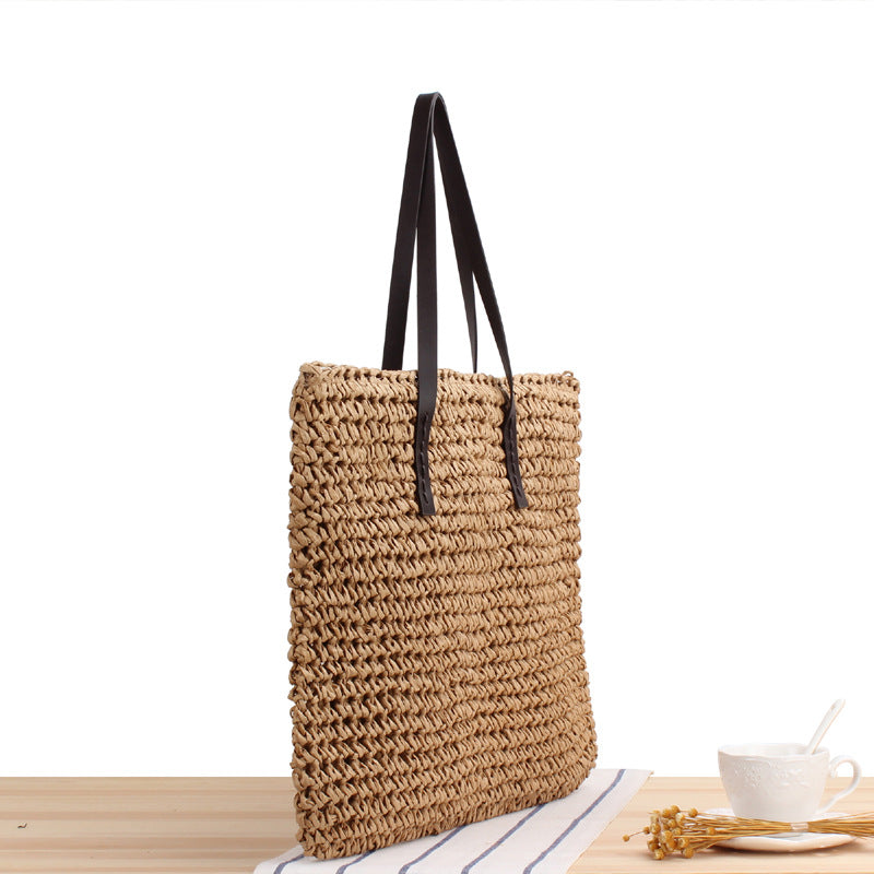 Large Capacity Casual Straw Bag Korean Shoulder Bag Solid Color Handmade Woven Bag Mori Photo