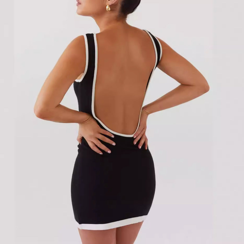 Square Collar Hollow Out Cutout out Woolen Sling Dress Backless Sexy Hip Dress