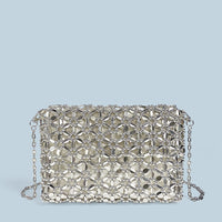 Silver Shiny Hand Woven Beads Small Square Bag Cocktail Pearl Hollowed Crossbody Small Bag