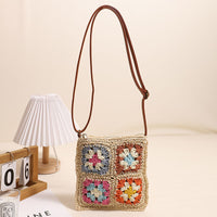 Hollow Out Cutout Floral Crossbody Straw Bag Retro Square Straw Bag Woven Bag Vacation Beach Bag All Match Shoulder Bag