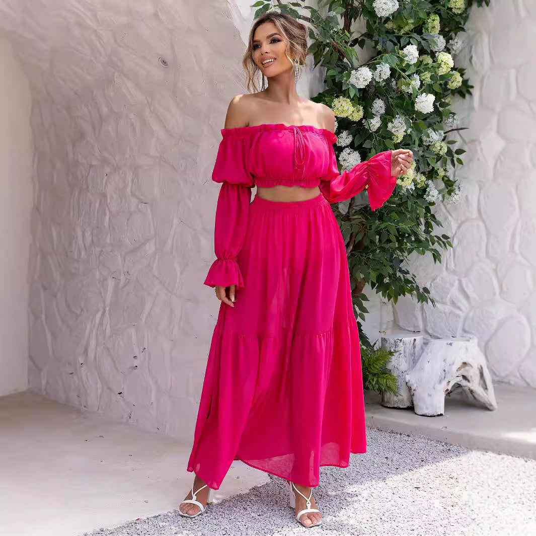 Solid Color Sexy Long Sleeved Off Shoulder Skirt Two Piece Set