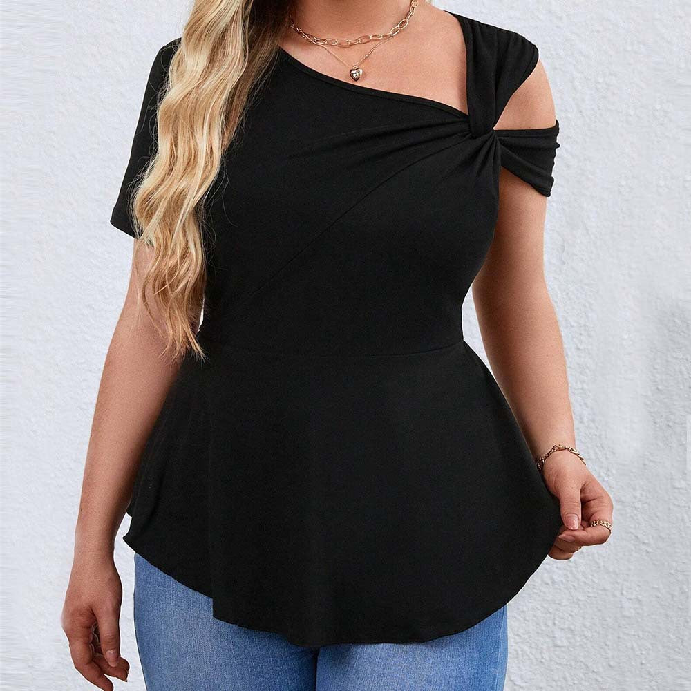 Plus Size Women Sexy off Shoulder Diagonal Collar T shirt Summer Pullover Solid Color Short Sleeve Top