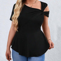 Plus Size Women Sexy off Shoulder Diagonal Collar T shirt Summer Pullover Solid Color Short Sleeve Top