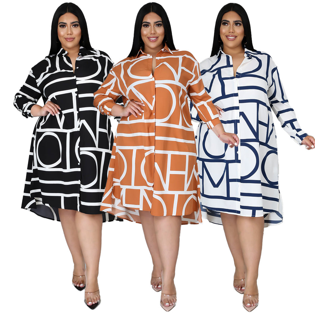 Plus Size Printing Pleating Waist Shirt Dress for Women