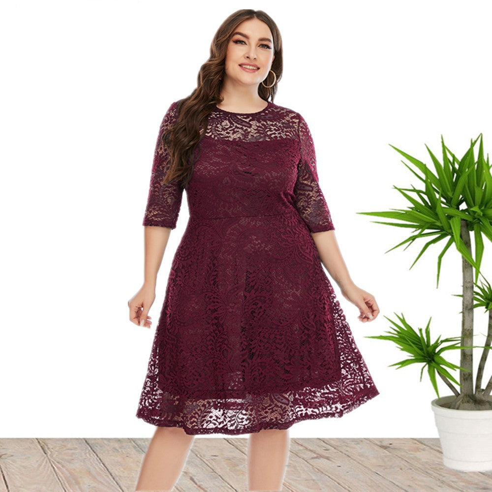 Plus Size Spring Summer Women Clothes round Neck Lace Dress Mid-Length Formal Dress