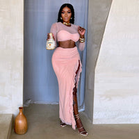 Women Clothing Hollow Out Cutout out Cropped Mesh See through Double Layer Lining Covering Long Sleeve Dress Two Piece Set