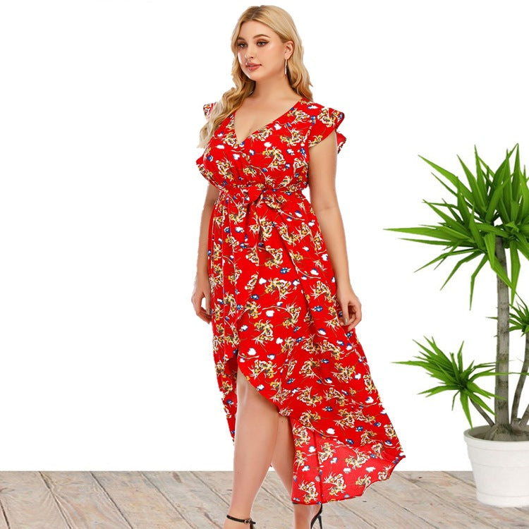 Plus Size Summer Women Clothes V-neck Printed Dress Beach Dress