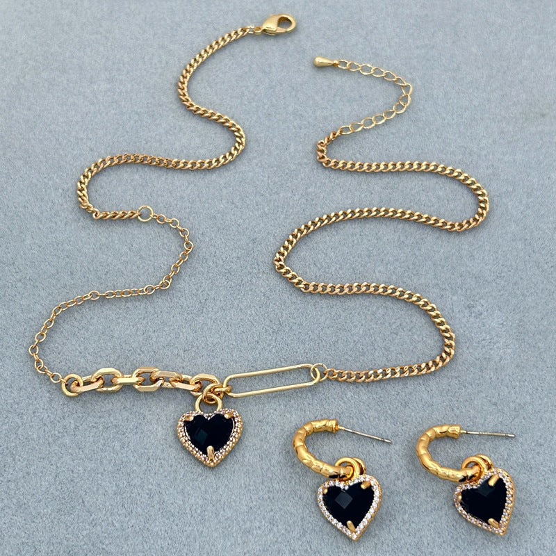 Summer Sweet Loving Heart Micro Inlaid Zircon All Match Earrings Chain Clavicle Chain Women