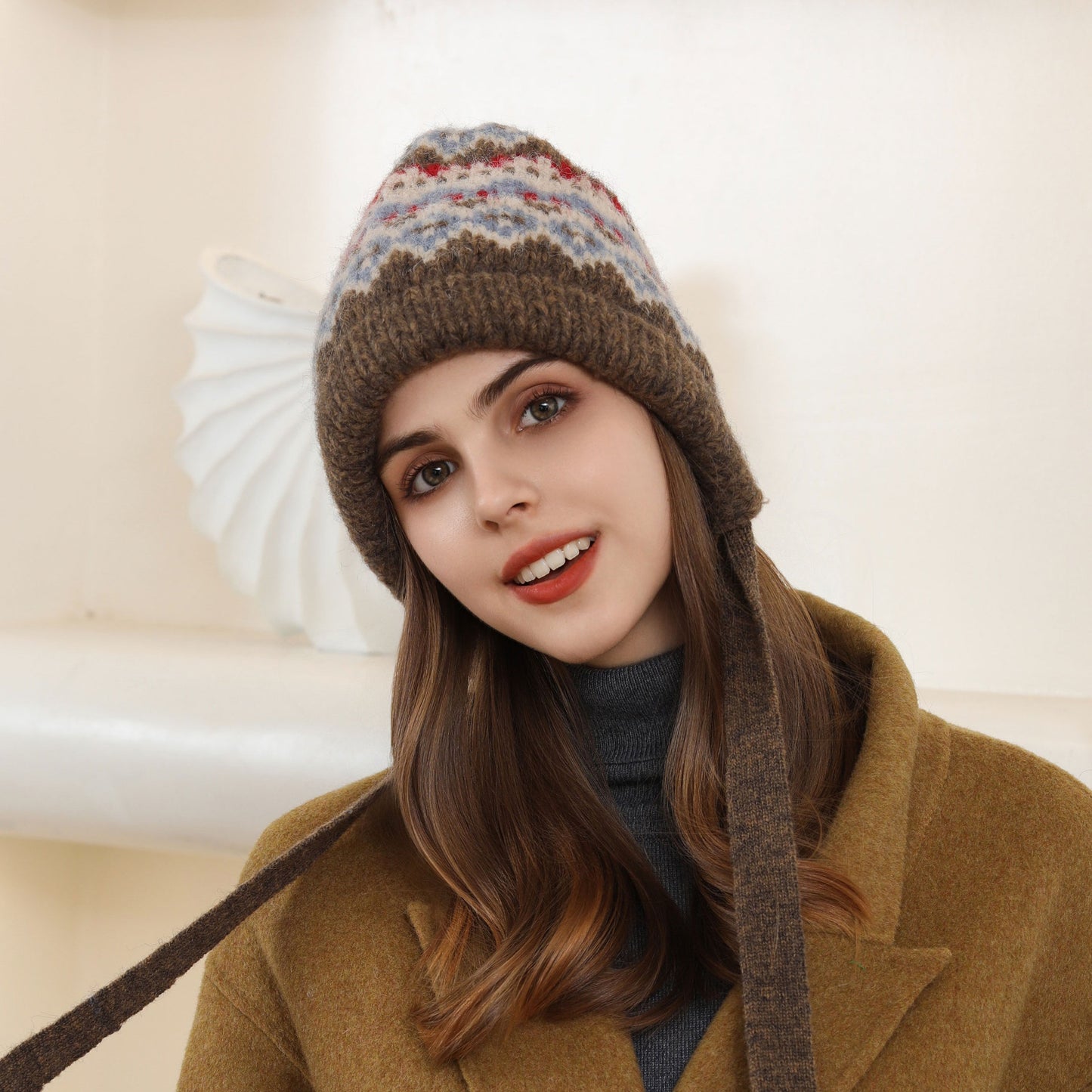 Korean Retro Diamond Lattice Knitted Earmuffs Hat Women Autumn Winter Warm All Matching Thickened Woolen Cap
