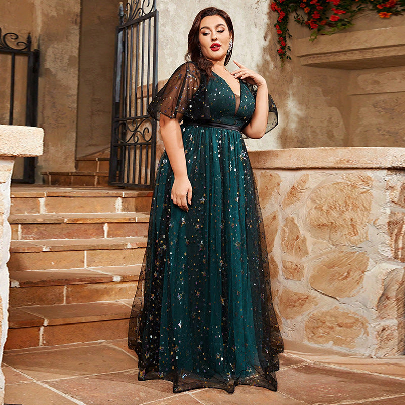 Plus Size Evening Dress Shiny Crystal Puff Sleeve V neck Swing Fairy Evening Dress Super Fairy Dress