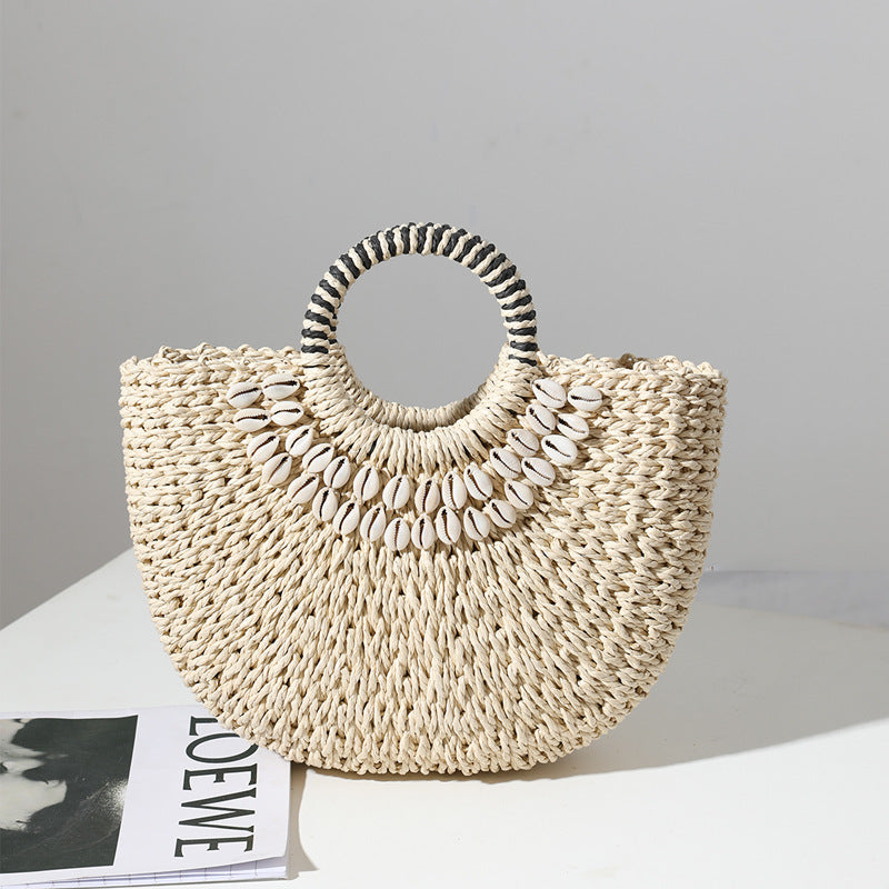 Retro Straw Bag Portable Semicircle Shell Handmade Straw Bag Woven Bag Women Seaside Vacation Beach Bag