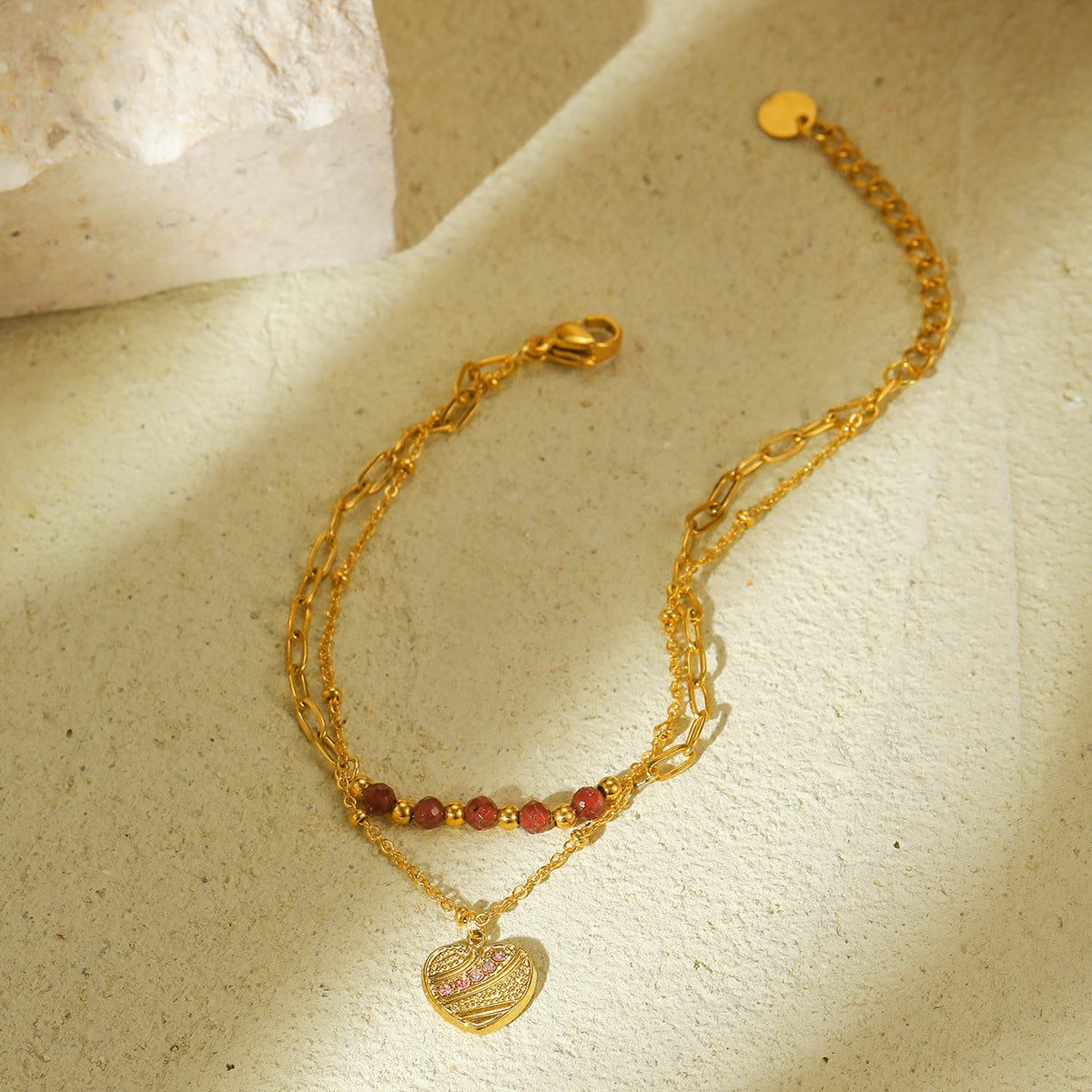 Red Natural Stone Heart Shape with Diamond Stainless Steel Bracelet Women High Grade Titanium Steel Bracelet