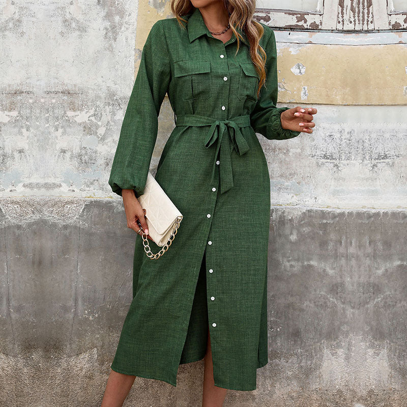 Fall Women Clothing Turn down Collar Green Long Sleeve Solid Color Dress