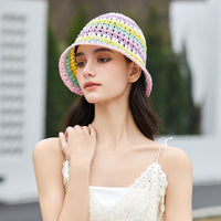 Women Colorful Woven Straw Hat Spring Summer Hollow Out Cutout out Bucket Hat Breathable Face Looking Small Bucket Hat Bucket Hat Sun Protection Hat